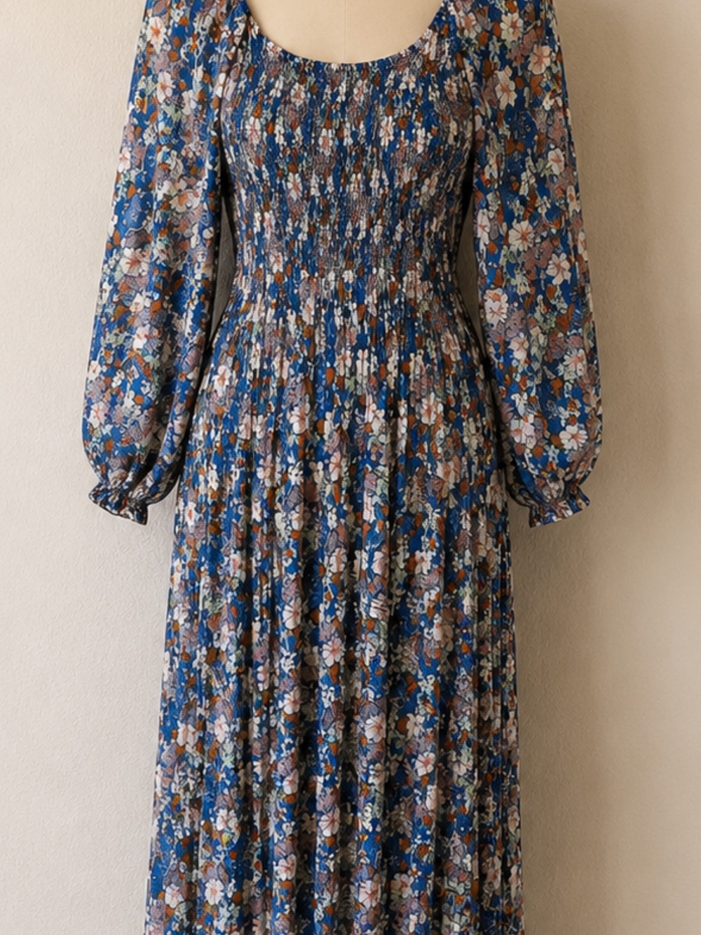 a.n.a Blue Floral Smocked Long Sleeve Maxi Dress